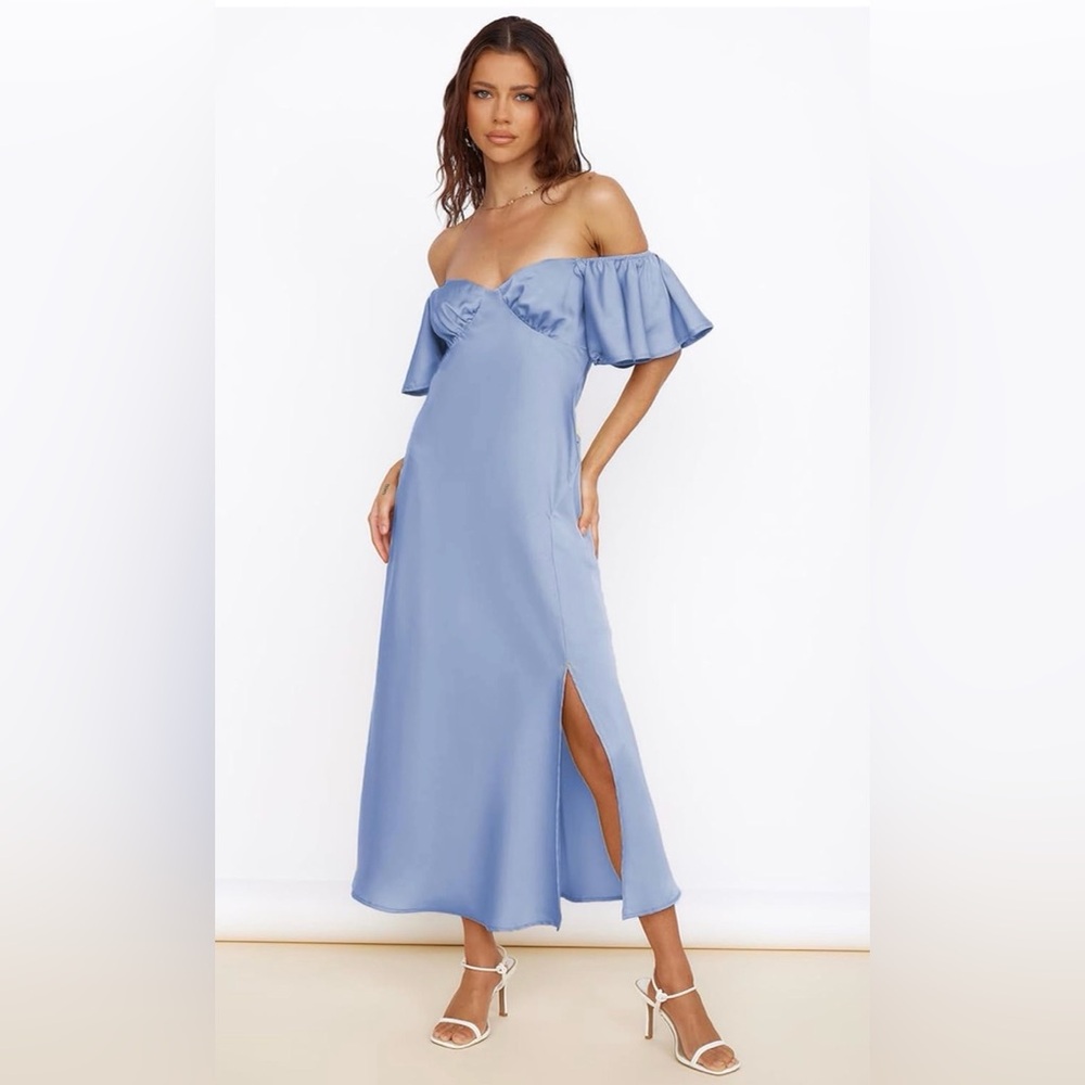 Satin Off Shoulder Formal Wedding Elegant Butterfly Sleeve Split Cocktail Dress